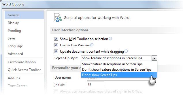 Microsoft Word Tool Tip -- Options