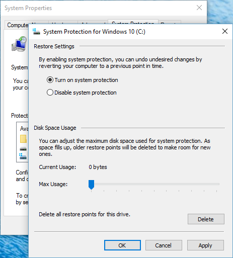 System Protection Windows 10