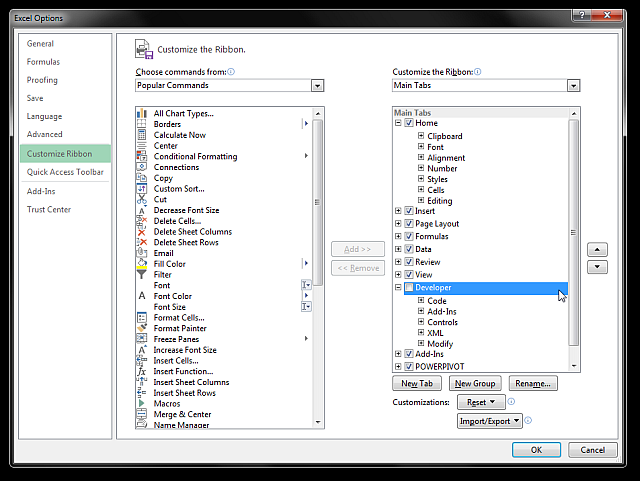 Excel_Options enable developer tab