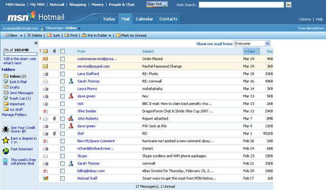 A screenshot of MSN Hotmail
