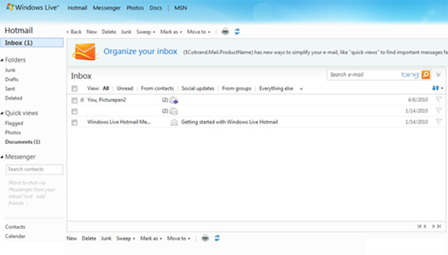 The Windows Live Hotmail user inbox