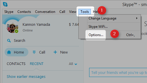 select tools and options in skype