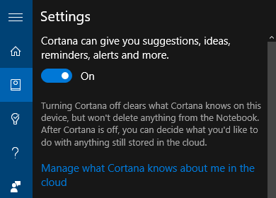 Windows 10 Cortana Settings