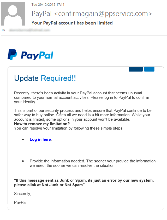 PayPal scam email