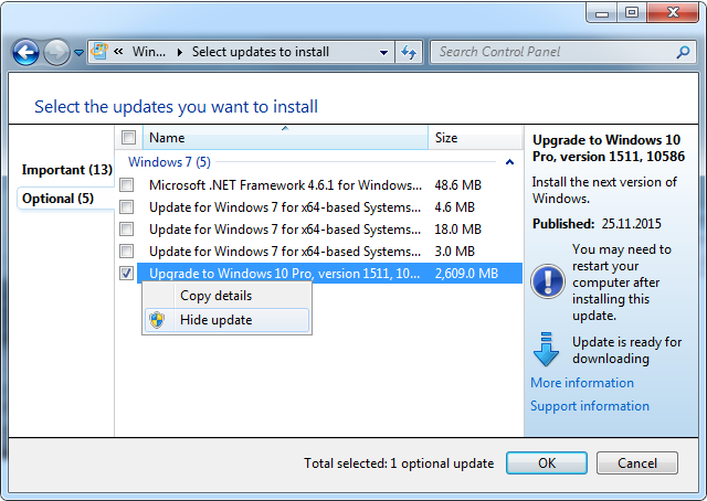 Hide Windows 10 Update