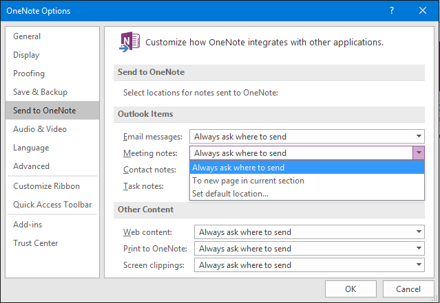 Send to OneNote Settings
