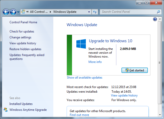Upgrade to Windows 10 in Windows 7
