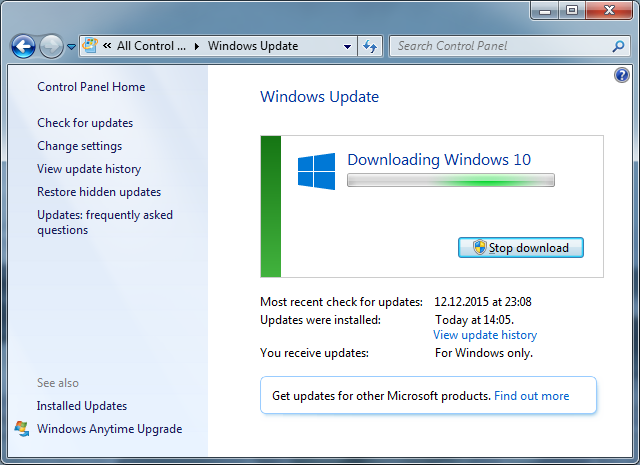Upgrade to Windows 10 in Windows 7 Download