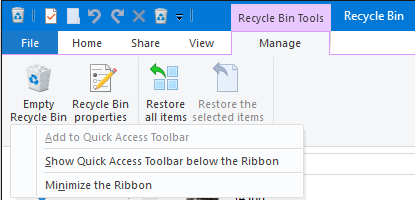 Windows 10 File Explorer Recycle Bin