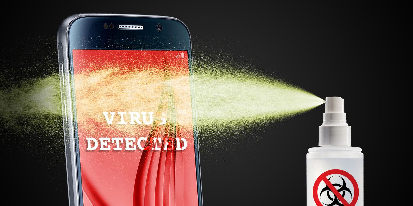 Anti biohazard spray spraying an Android phone with a virus warning
