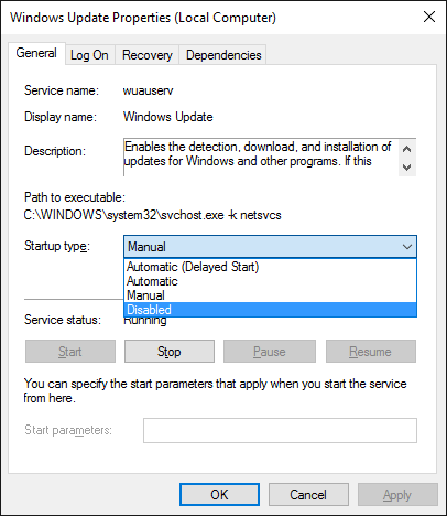 Disable Windows Update via Windows Update Properties