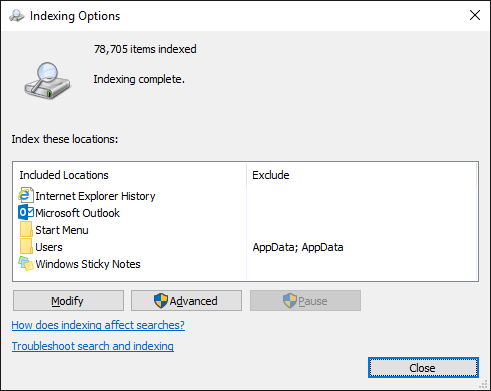 windows indexing options