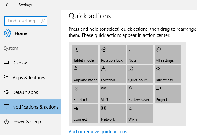 Action Center Quick Actions