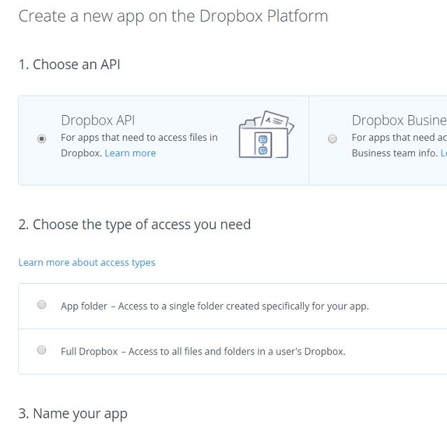 Dropbox Platform API Selection Page
