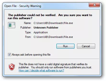 Windows Open File Warning Dialogue