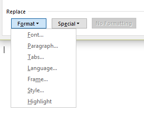 Word 2016 Find and Replace Formatting Options