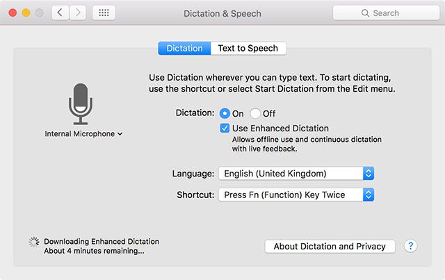 enhanced dictation mac sierra how much memory used for english