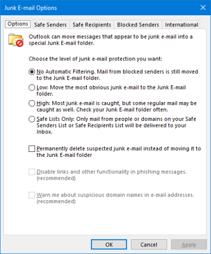 Junk Email Options Outlook