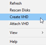 Create VHD Windows Disk Management
