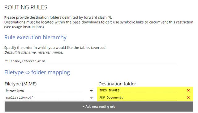 Set custom download locations based on filetype, filename, or source domain