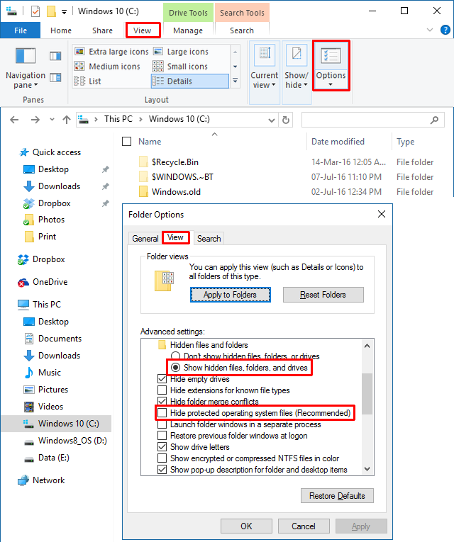 Windows 10 Folder Settings Marked