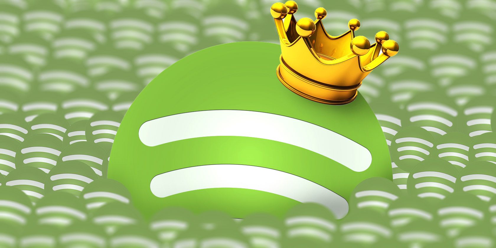 Spotify logo wearing a crown, in a sea of smaller Spotify logos