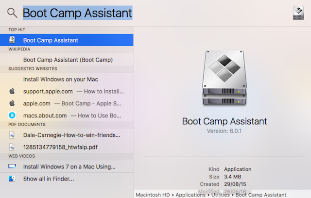 Boot Campt Assistant in Spotlight search