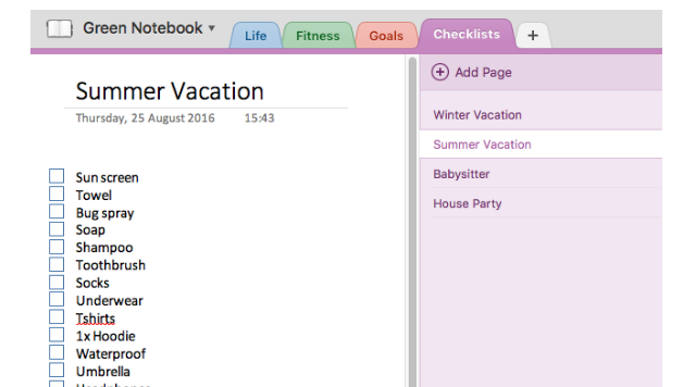 Checklists in Onenote Feature Example Screenshot
