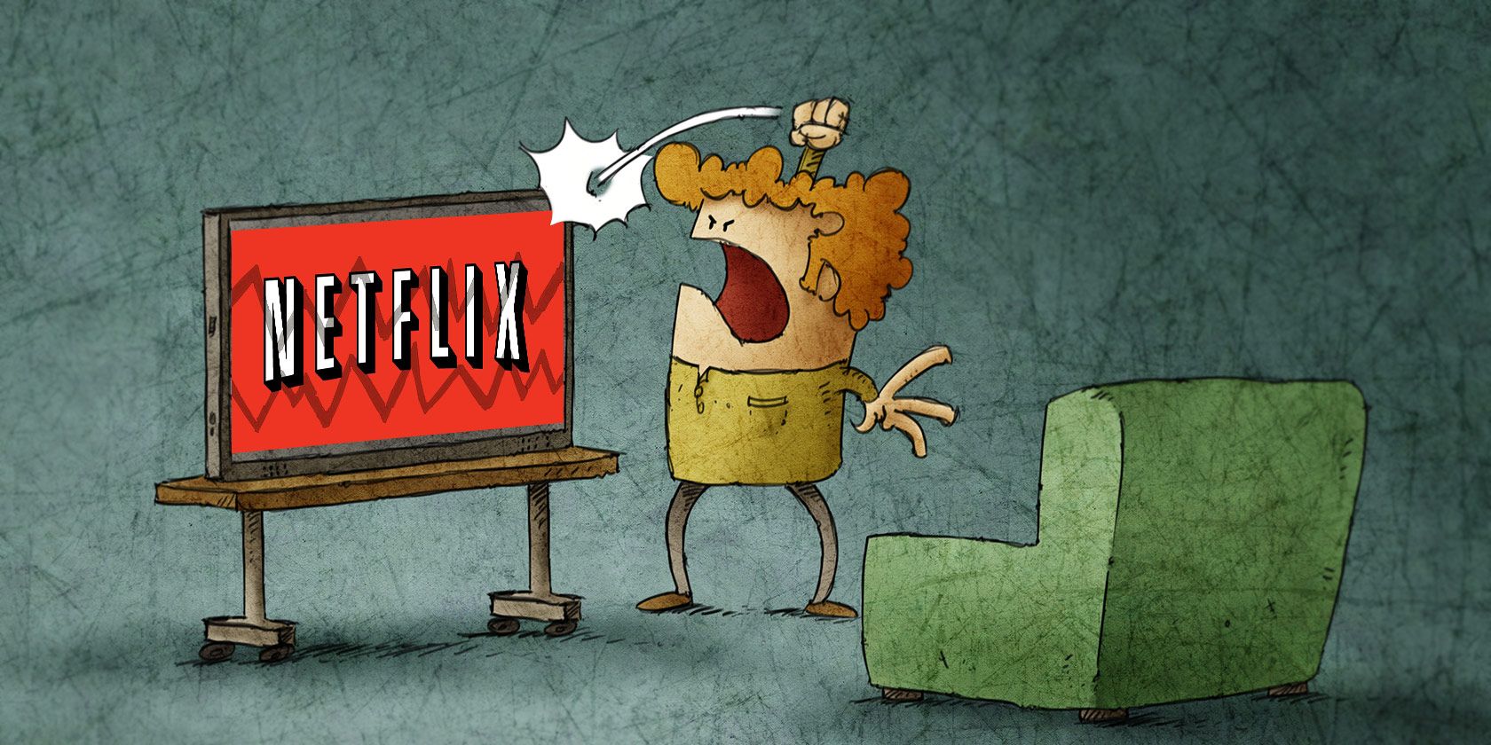 Cartoon man hitting TV with Netflix logo.