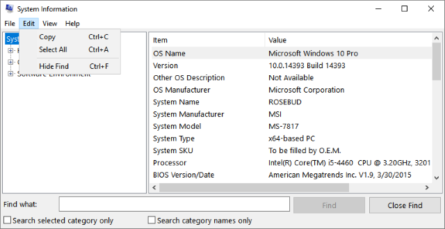 System Information Tool on Windows 10