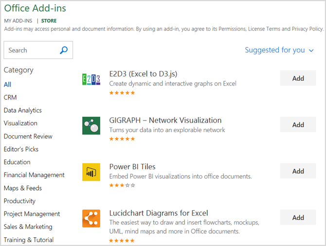Microsoft Office Store Excel Add-Ins
