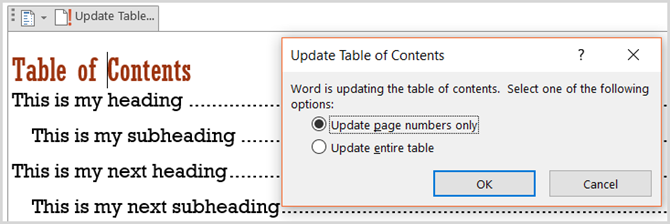 Table of Contents Update Table Word