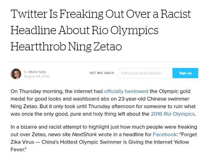 Twitter Racist Headline Olympics Snapshot