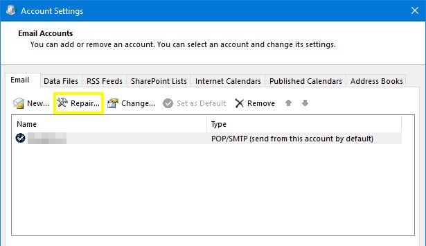 Repairing Email in Outlook Account Settings
