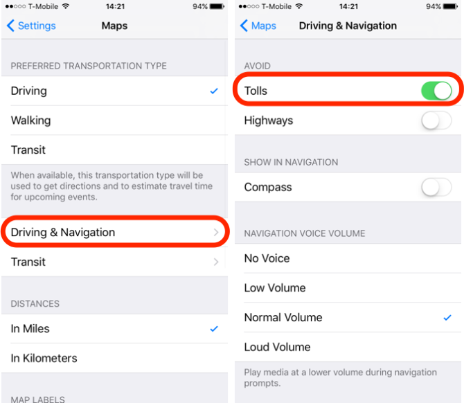 iOS 10 Feature Avoid Tolls in Directions