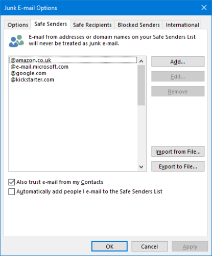 Outlook Contacts Safe Senders