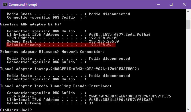 Windows 10 command prompt ipconfig