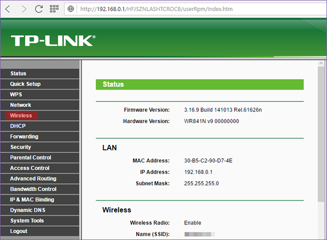 Windows 10 TP-Link router config sidebar navigation