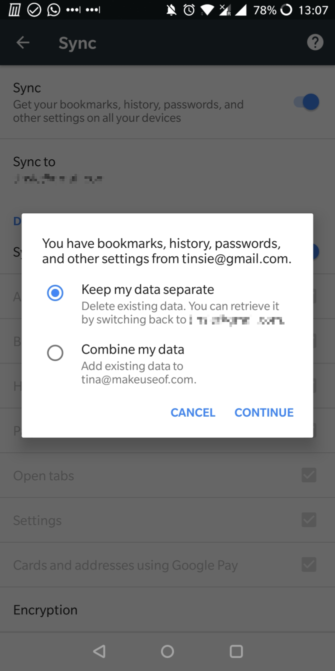 Android Google Chrome Sync アカウント設定