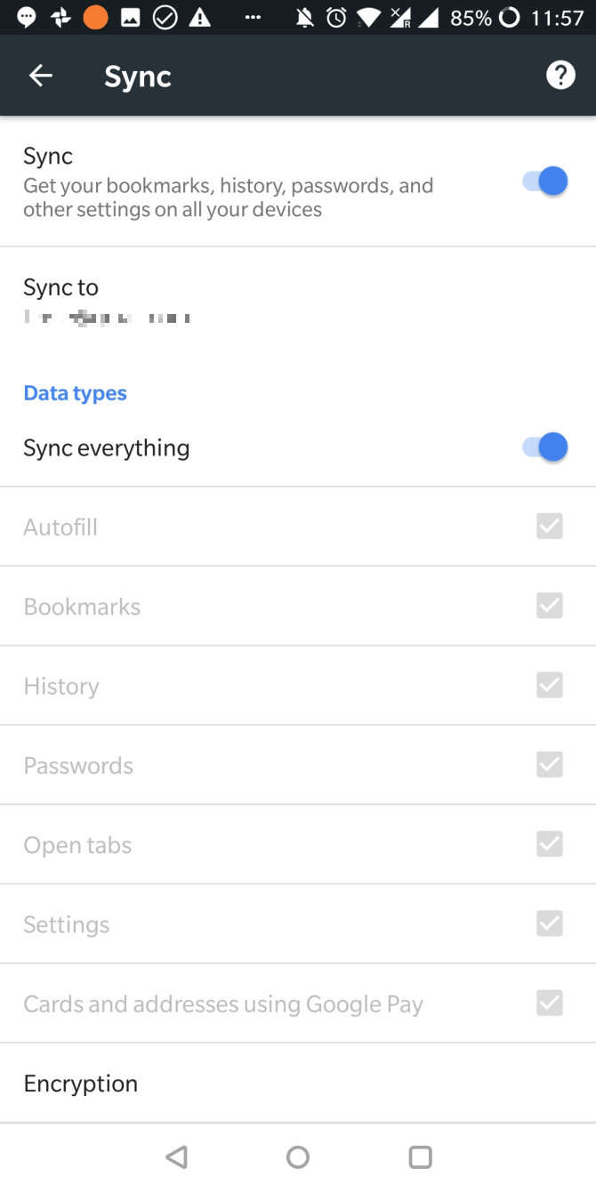 Android Google Chrome Sync Settings