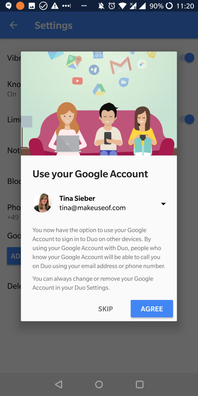 dodaj swoje konto google do Duo