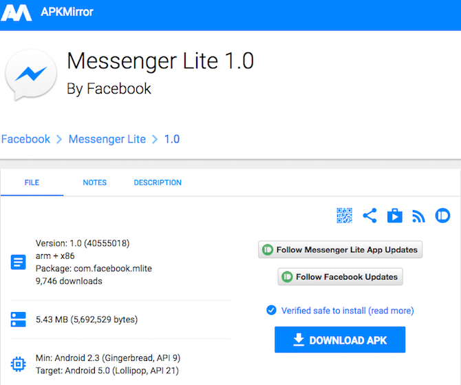 APK Download for Facebook Messenger Lite App