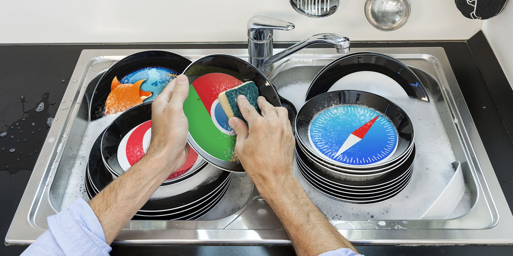Hands washing plates with browser logos inside them