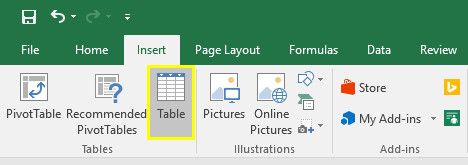 Excel Insert Table