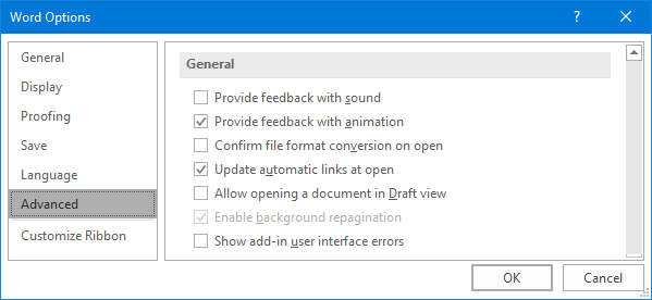 Microsoft Word -- Options
