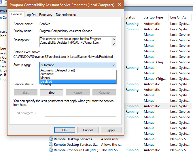 disable pca service