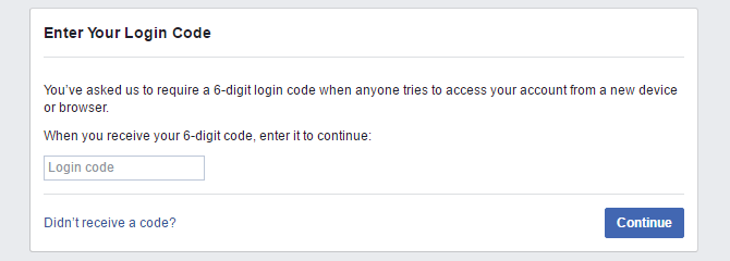 Enter Your Login Code window as shown on the desktop version of Facebook.