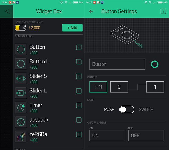 widgets and button blynk