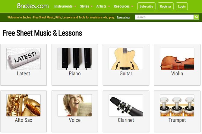 Screenshot of the free music website called 8notes.