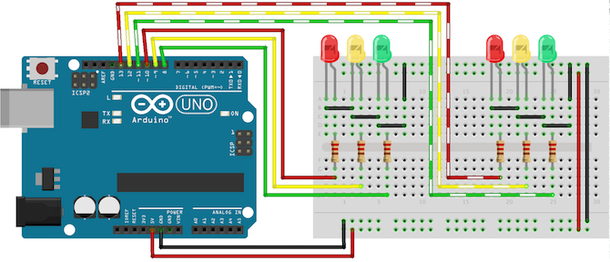 Cricuit diagram for Arduino traffic lights with junction